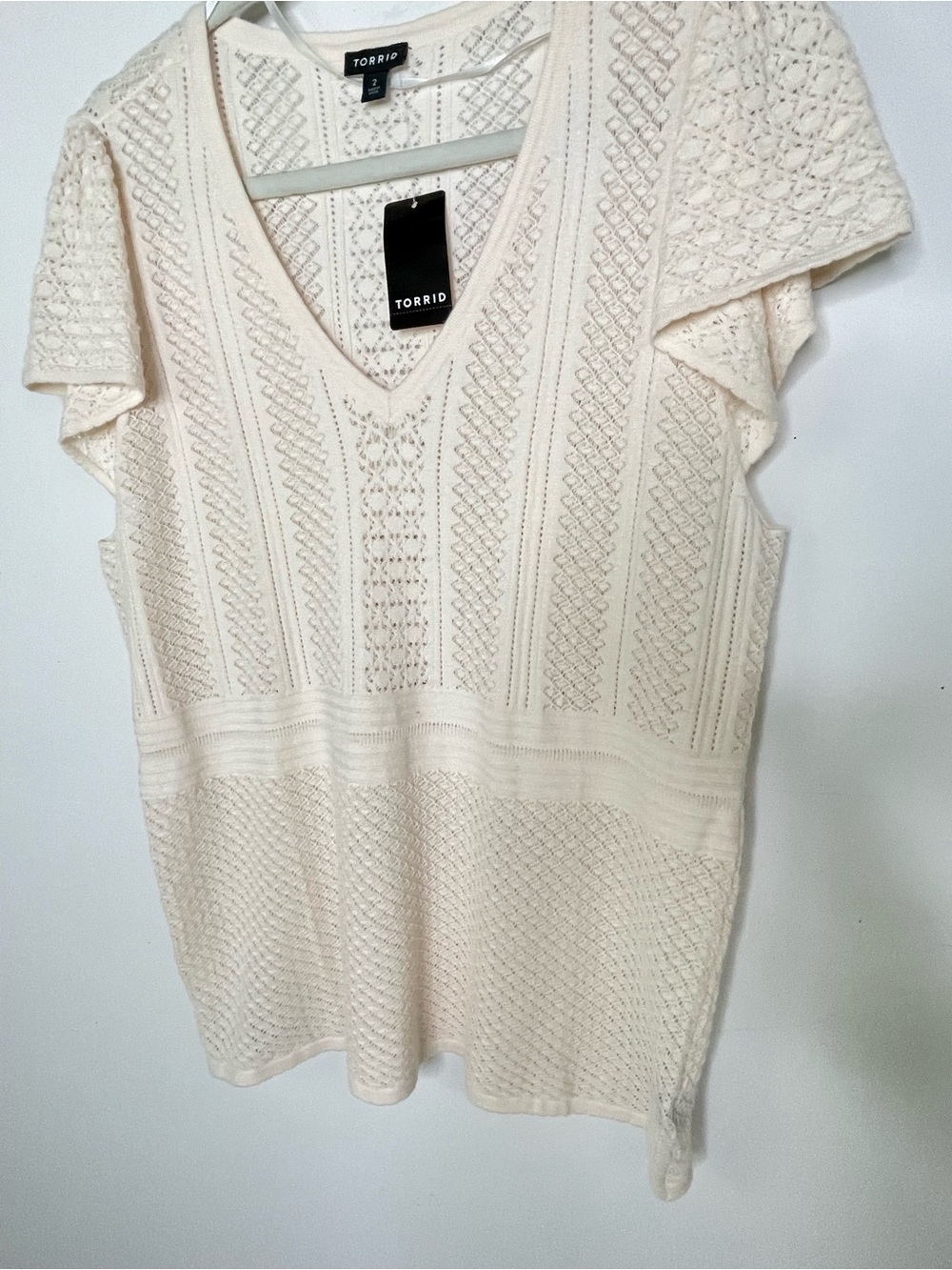 Feminine | NWT Torrid Crochet Cream Knit V-Neck Flutter Short Sleeve Sweater Top - Picture 5 of 11